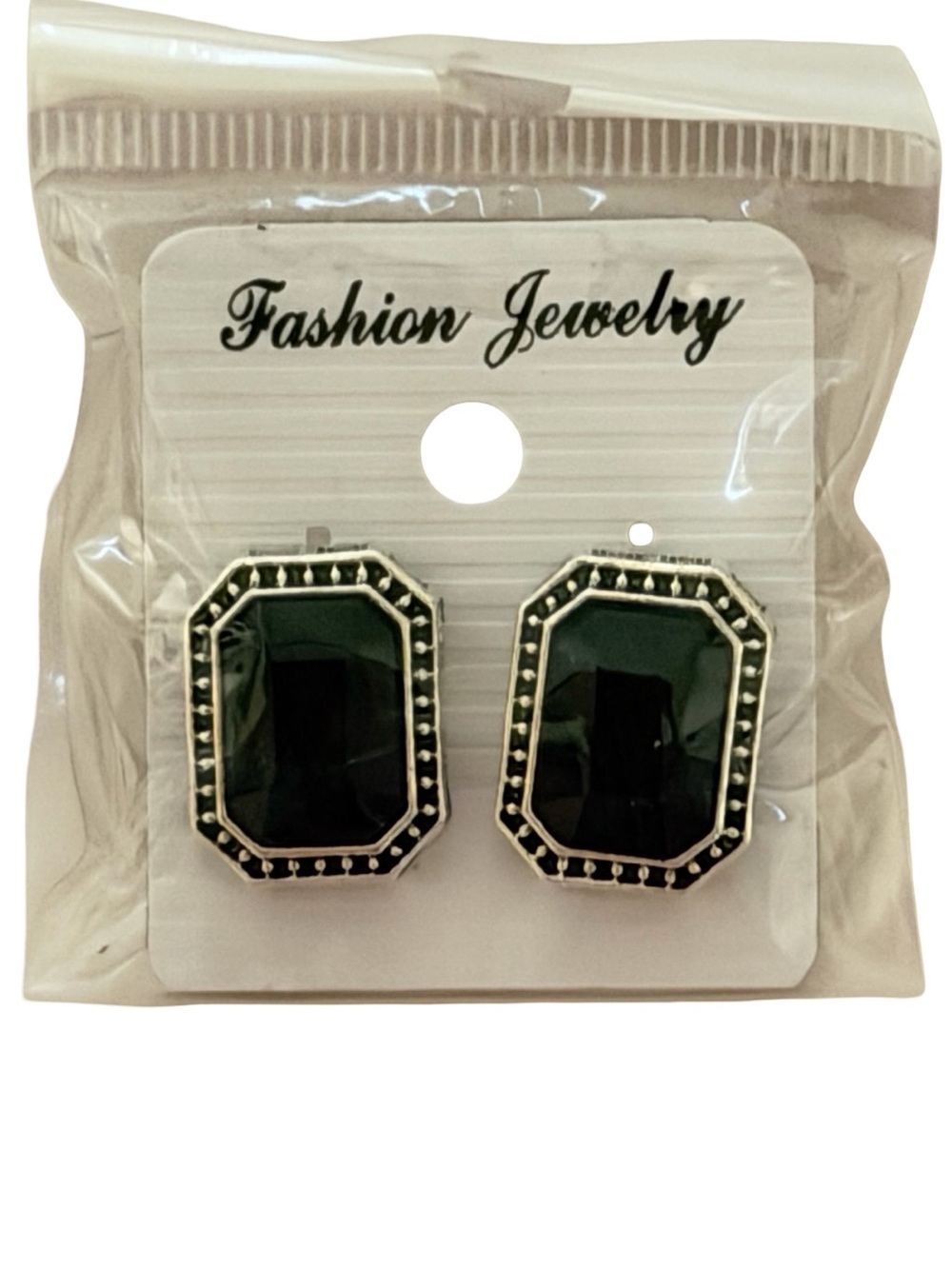 Fashion Jewelry Emerald Cut Black Gem Silver Tone Stud Earrings